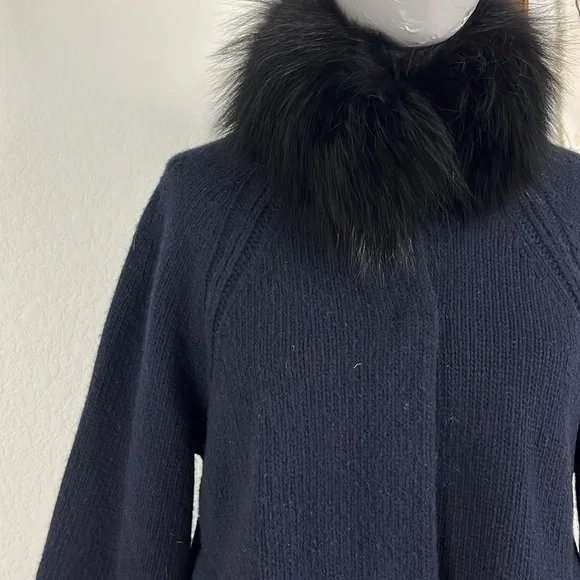 Prada AW14 Wool Fox Fur Collar A Line Sweater Knit Cardigan Sweater